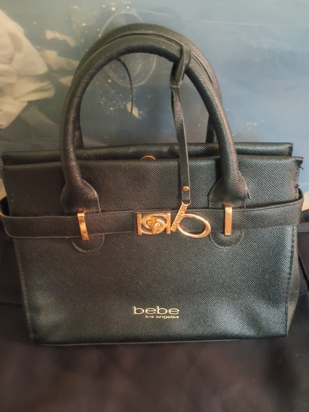 bebe Black Satchel with Gold Hardware and Top Handles
